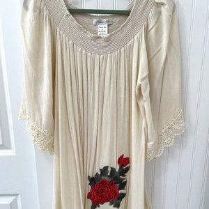 Paisley Vine Cream with Rose Embroidered Rose Applique Dress sz L
